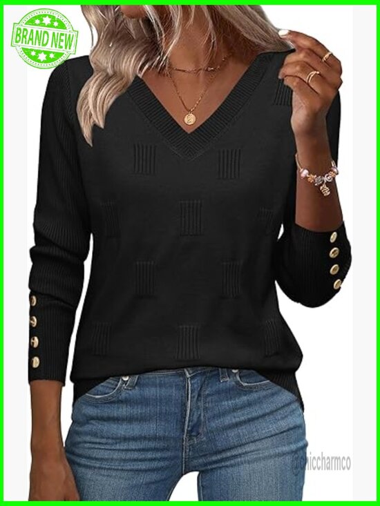 Sweaters - Pullover Sweater Blouse with Buttons Long Sleeve V Neck Ribbed Knit